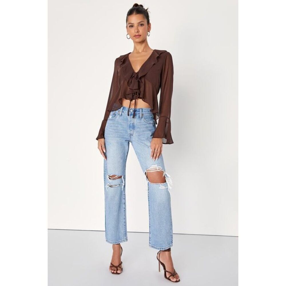 Lulus Thriving Flirt Brown Chiffon Ruffled Long Sleeve Tie-front Top - Size S
